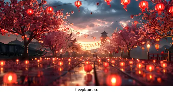 A Street with Cherry Blossoms and Red Lanterns