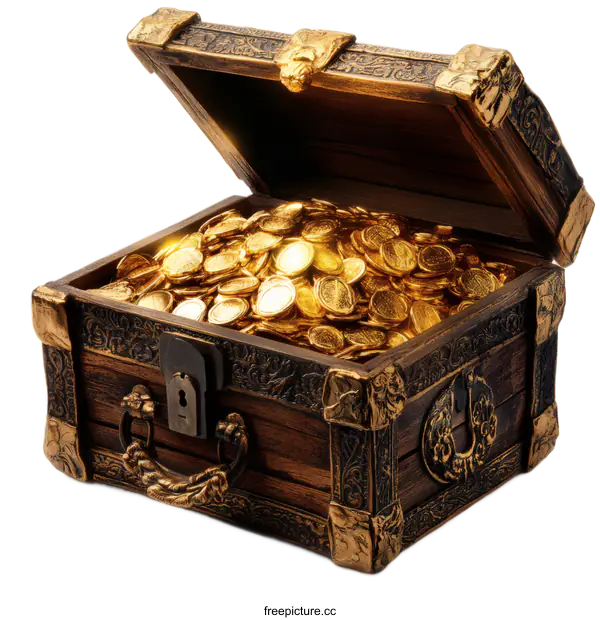 [Transparent Background PNG]Antique Wooden Treasure Chest Filled with Gold Coins