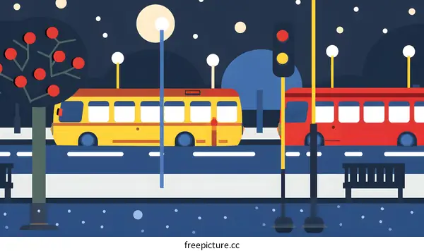 Night Cityscape with Two Buses