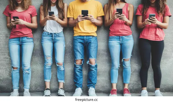 Group of Diverse Teenagers Using Smartphones
