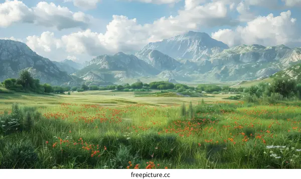 Field of Red Poppies with Mountains in Distance