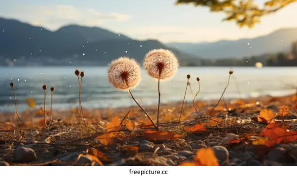 Two white dandelions by the lake in autumn