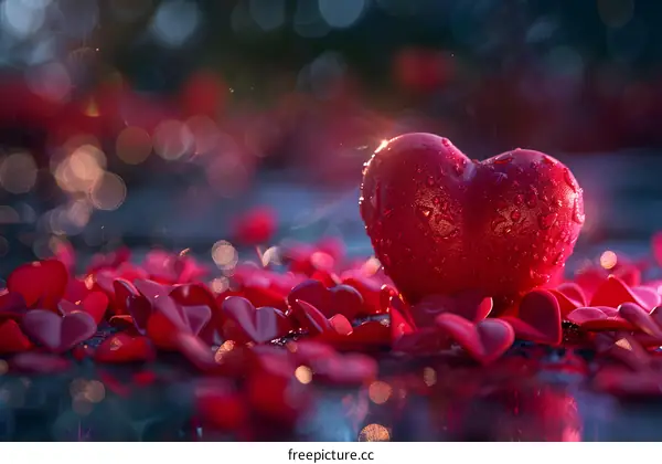 A red heart on the petals
