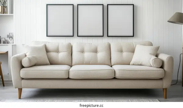 Beige Sofa in a Modern Living Room with Empty Frames