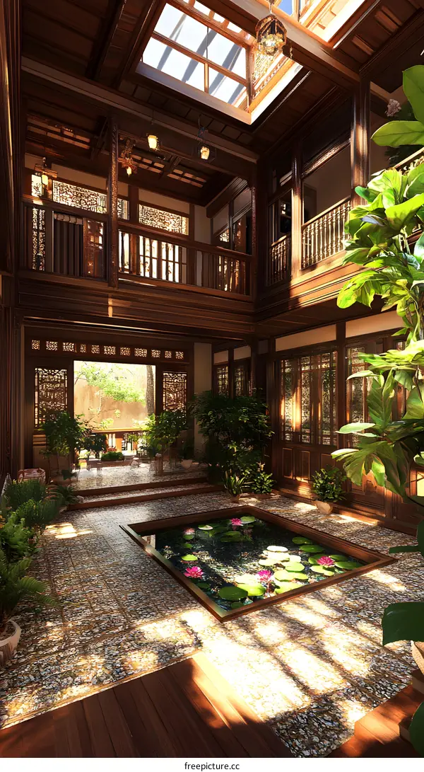 Traditional Chinese Courtyard with Wooden Structure and Skylight