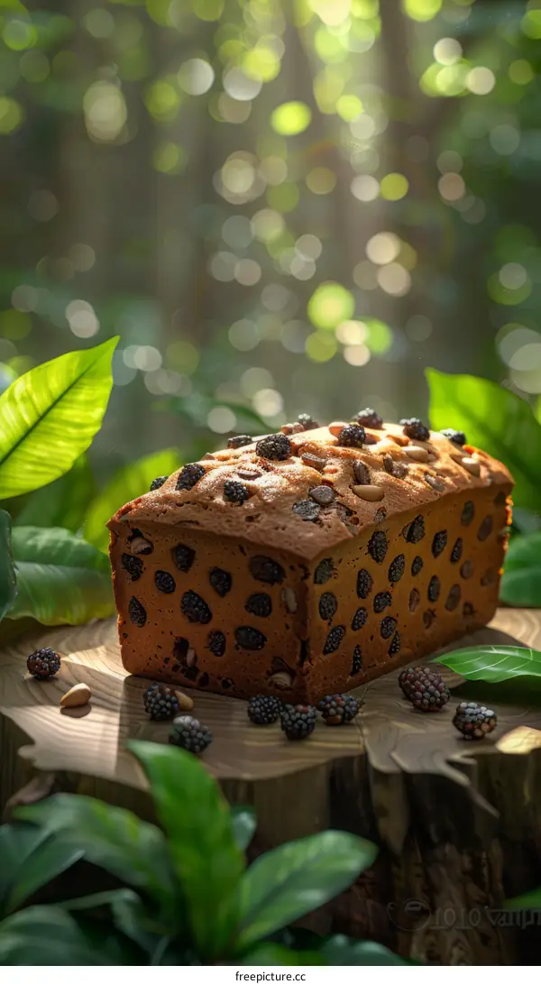 Blackberry and pecan nut cake on a wooden stump in the forest
