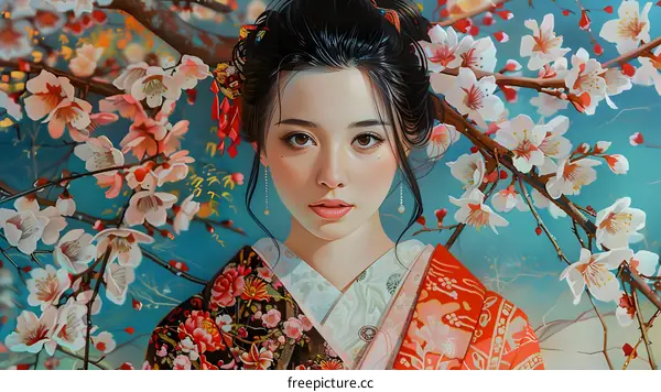 Portrait of a young woman in a kimono standing in a field of cherry blossoms