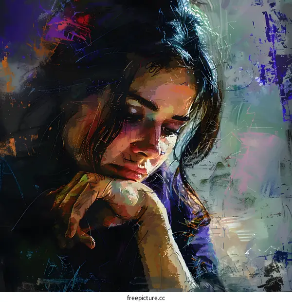 An illustration of a woman with long dark hair and blue eyes, with her hand on her chin