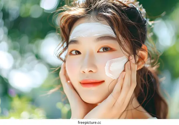 Asian Woman Applying Face Mask Outdoors