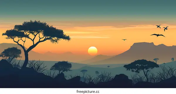 Sunset Landscape with Silhouette Trees and Mountains