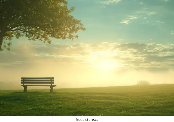 Morning Fog With A Wooden Bench In Green Grass Field