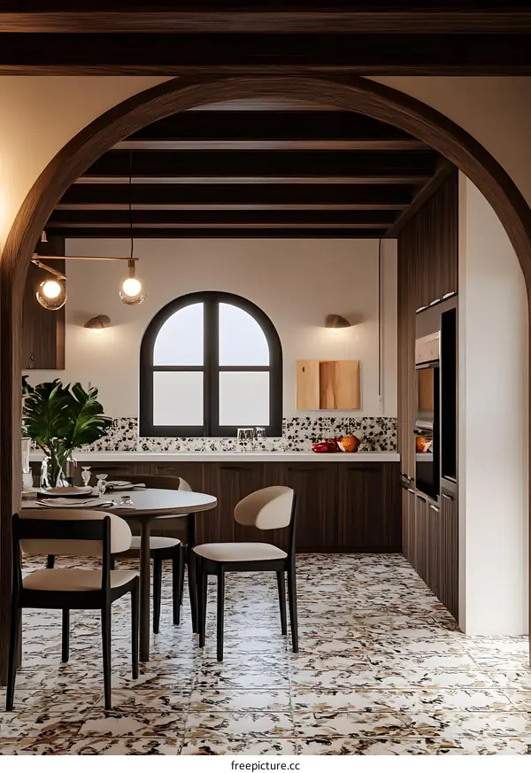 Modern Kitchen Interior Design with Archway and Wooden Beams