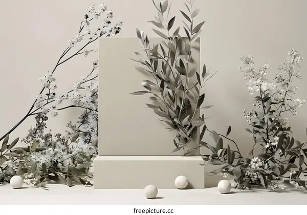Minimalist Product Display with Green Plants and White Balls
