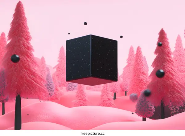Black Cube Floating in a Pink Forest
