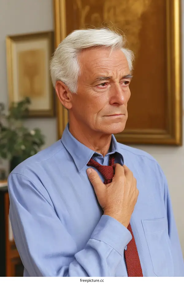 Senior Caucasian Man Adjusting Tie in Interior Setting