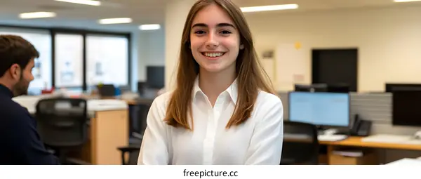 Smiling Young Woman in Modern Office Setting