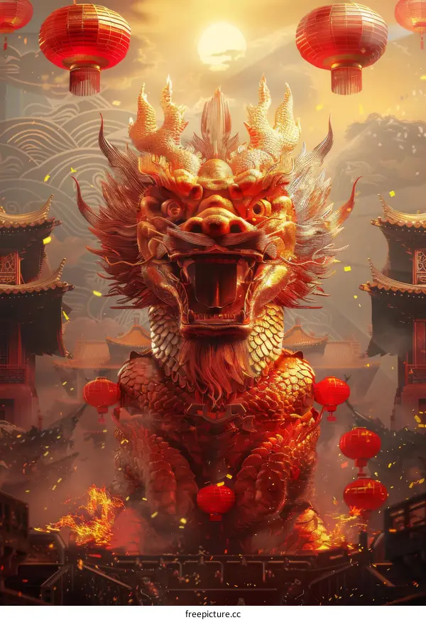 Majestic Golden Chinese Dragon Soaring in the Sky
