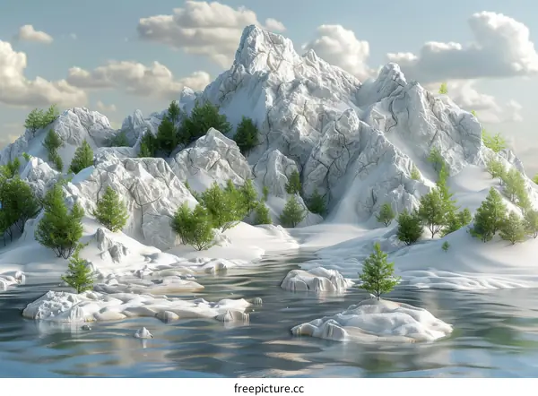 Winter Wonderland: Snow-Capped Mountains and Evergreen Trees