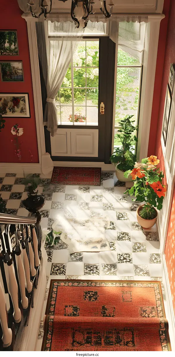 Vintage Home Entryway With Checkerboard Floor and Red Rug