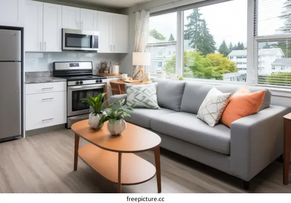 Open-concept living room and kitchen with large windows