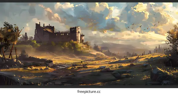 Ruined Castle in the Hills Under a Cloudy Sky