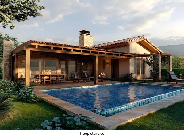 Modern Stone House with Swimming Pool and Patio Design