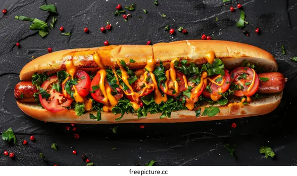 Hotdog with mustard, tomatoes and salad on a black stone plate