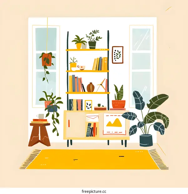 Illustrated Cozy Living Room with Bookshelf and Plants