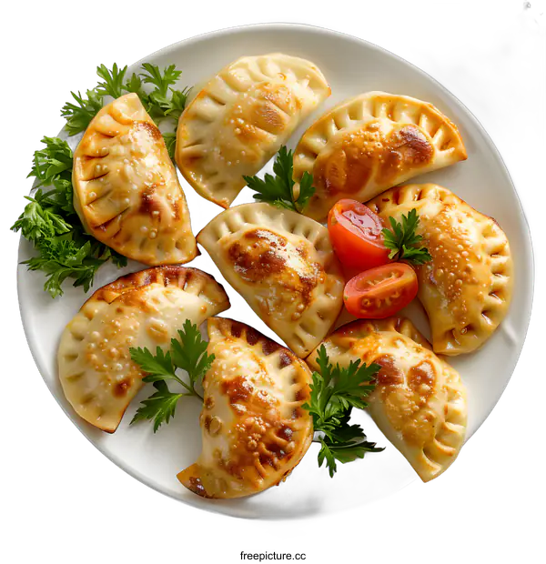 [Transparent Background PNG]Plate of fried dumplings with herbs and tomatoes