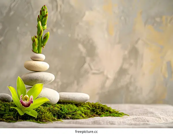 Zen Stones with Green Plant and Orchid Flower on Moss