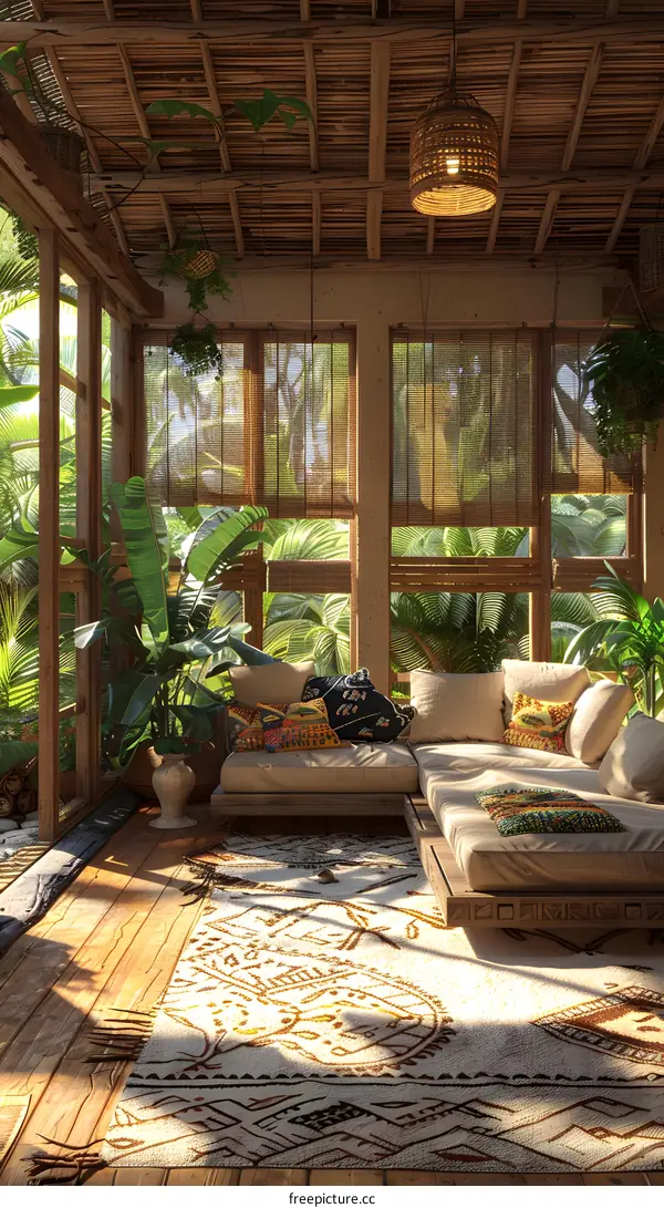 A cozy living room with a tropical theme