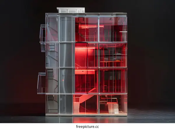 Glass Building Model with Red Lights