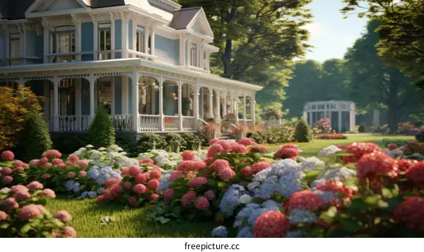 Large two-story house with a wrap-around porch and a beautiful garden full of colorful flowers