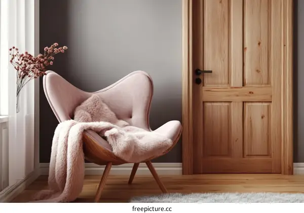 Pink Armchair in a Cozy Room with Wooden Door