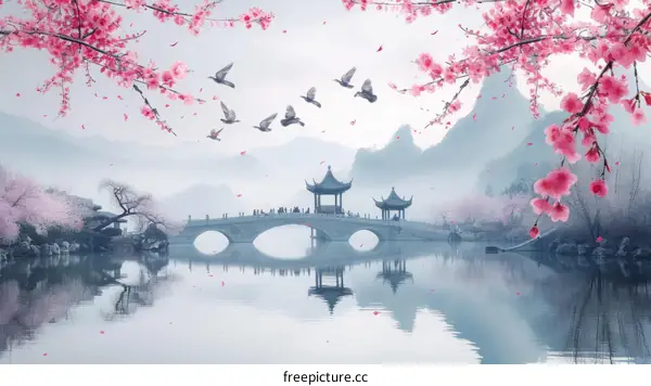 Oriental bridge with pagoda and cherry blossom
