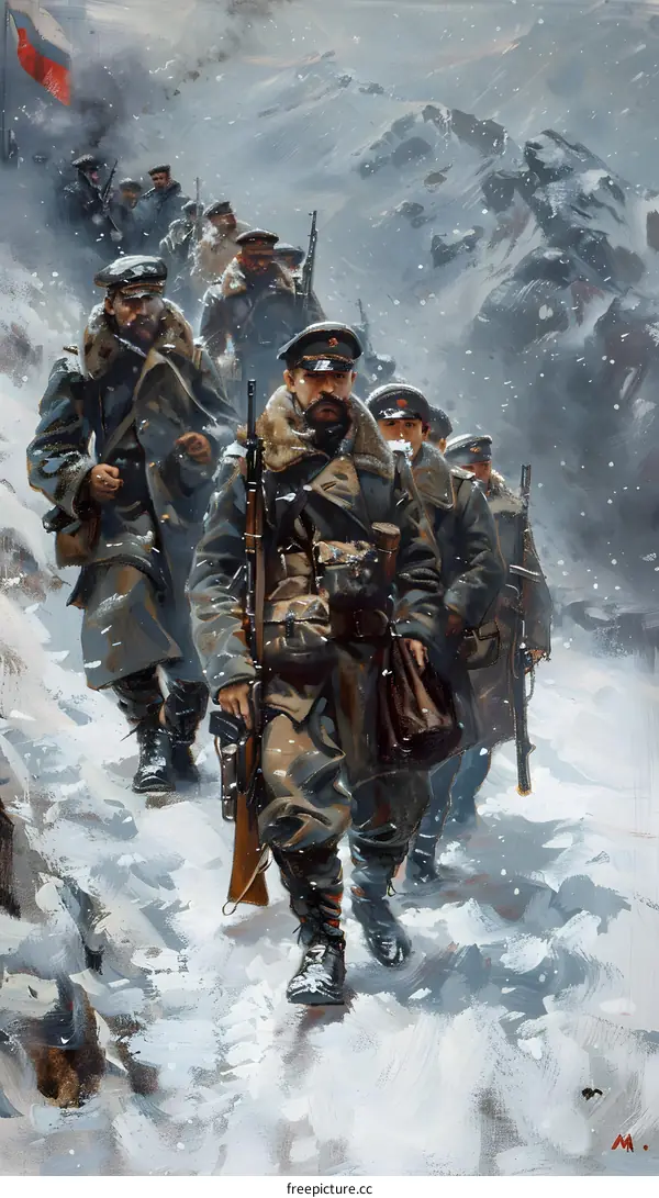 A group of soldiers trudging through the snow in the mountains