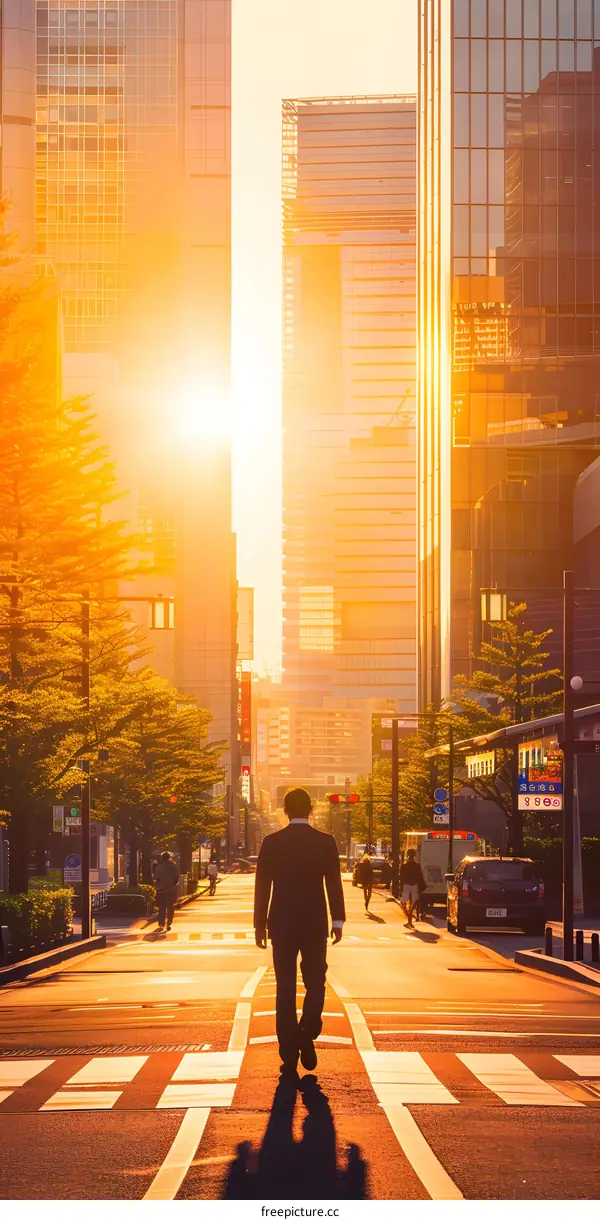 Silhouette Of Man Walking Through Busy City Street During Sunset