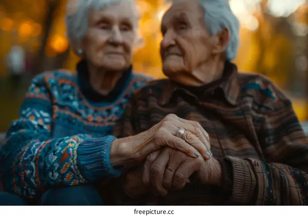 Elderly couple holding hands in a park
