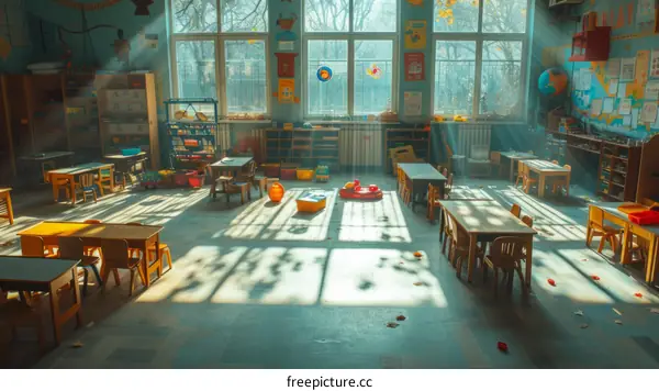 An Empty Classroom with Chairs and Tables
