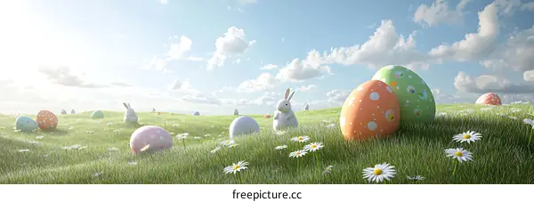 Easter Bunny with Colorful Eggs in a Meadow
