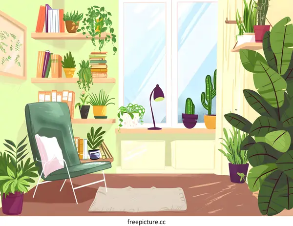Cozy Living Room with Green Plants and Books