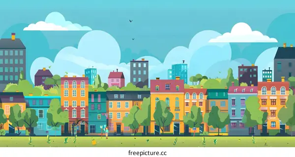 Colorful Cityscape Illustration with People and Trees