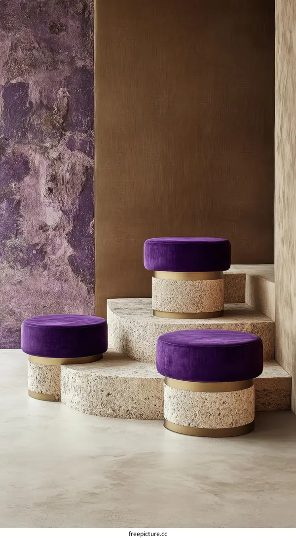 Modern Purple Velvet Poufs on Concrete Steps