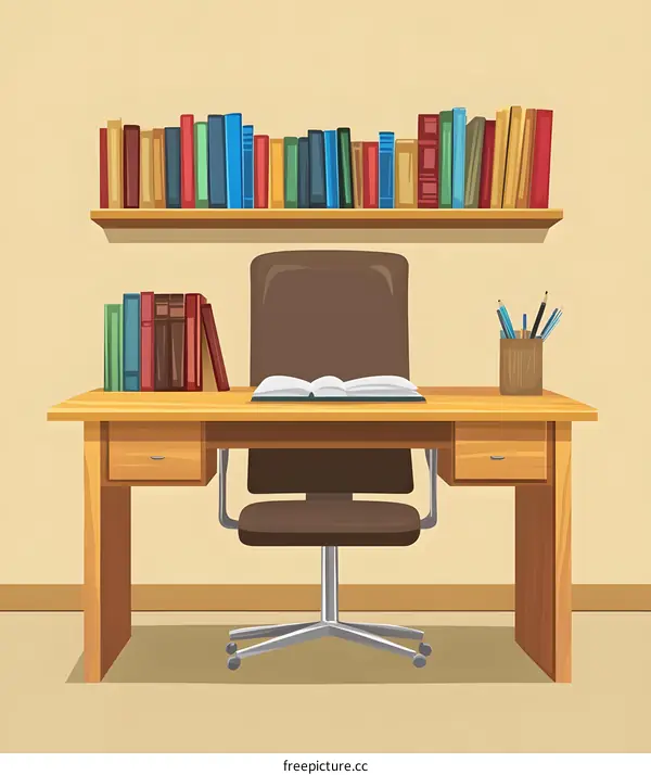 Cartoon Illustration of a Wooden Desk with Bookshelf