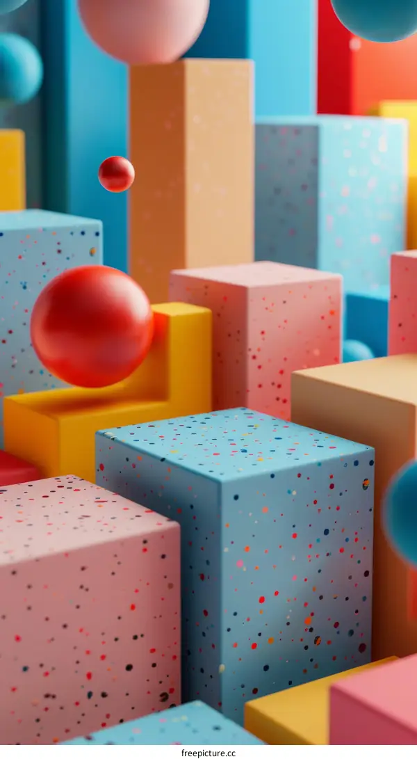 Colorful 3D geometric shapes with polka dots and spheres