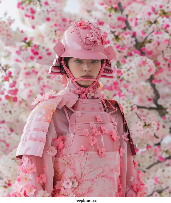 Pink Samurai Woman in a Cherry Blossom Field