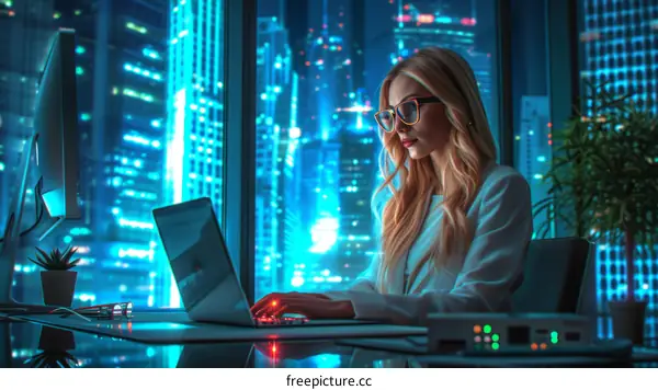 Blonde Woman Working on Laptop in Modern City Office with Night View