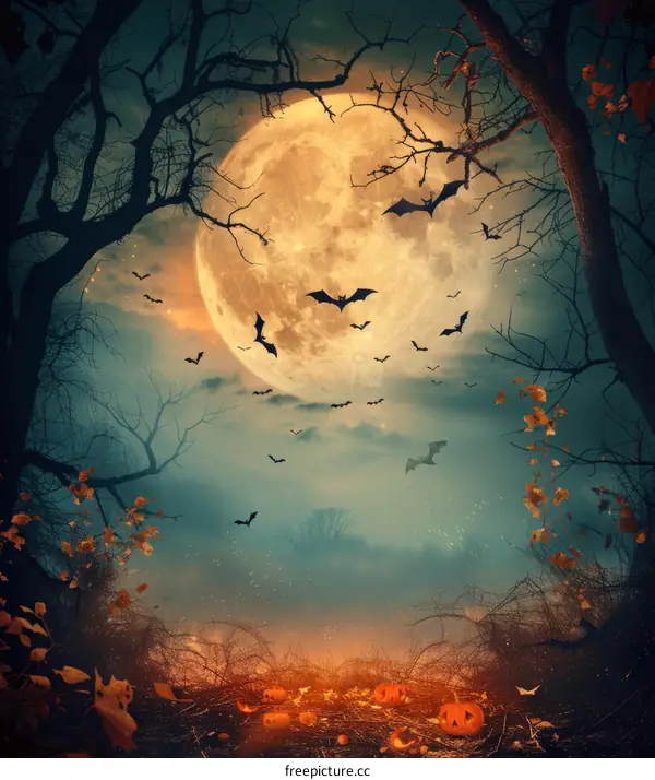 Bats Hover Before Full Moon on Halloween Night