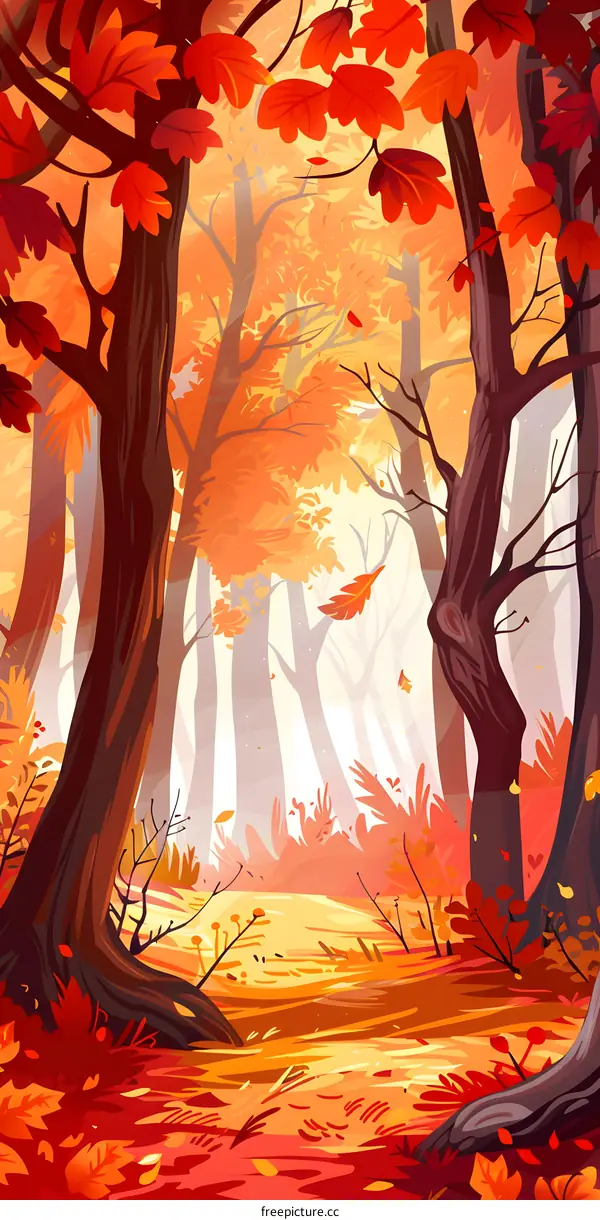 Autumn Forest Landscape with Red Leaves and Sunlight