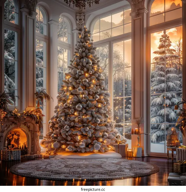 Exquisitely decorated Christmas tree by the fireplace